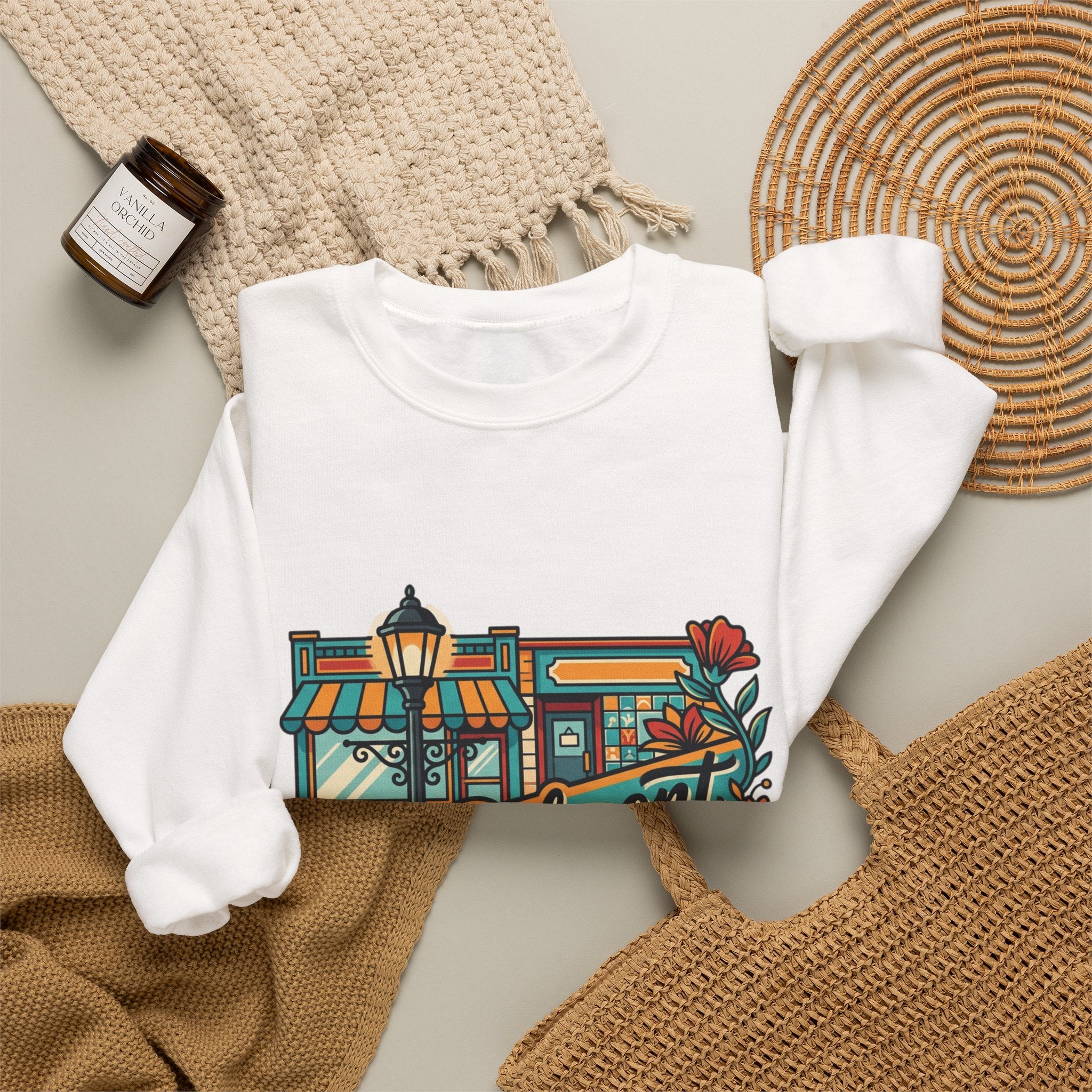 Belmont Cragin Neighborhood Crewneck Sweatshirt – Vintage Floral Block Print